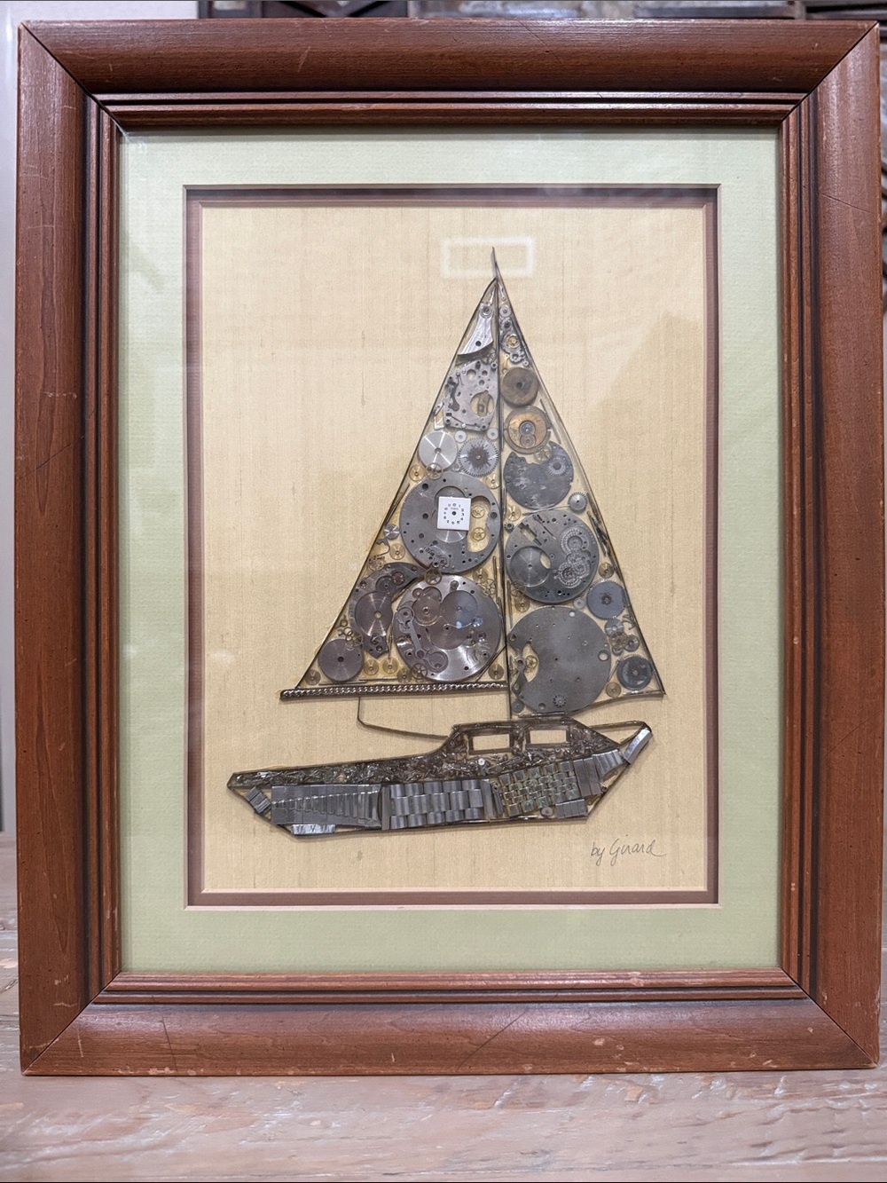 Vintage Signed by Girard Watch Parts Sailboat Framed Wall Art
